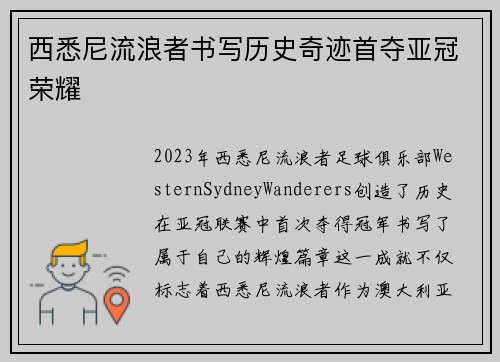 西悉尼流浪者书写历史奇迹首夺亚冠荣耀 西悉尼流浪者书写历史奇迹首夺亚冠荣耀